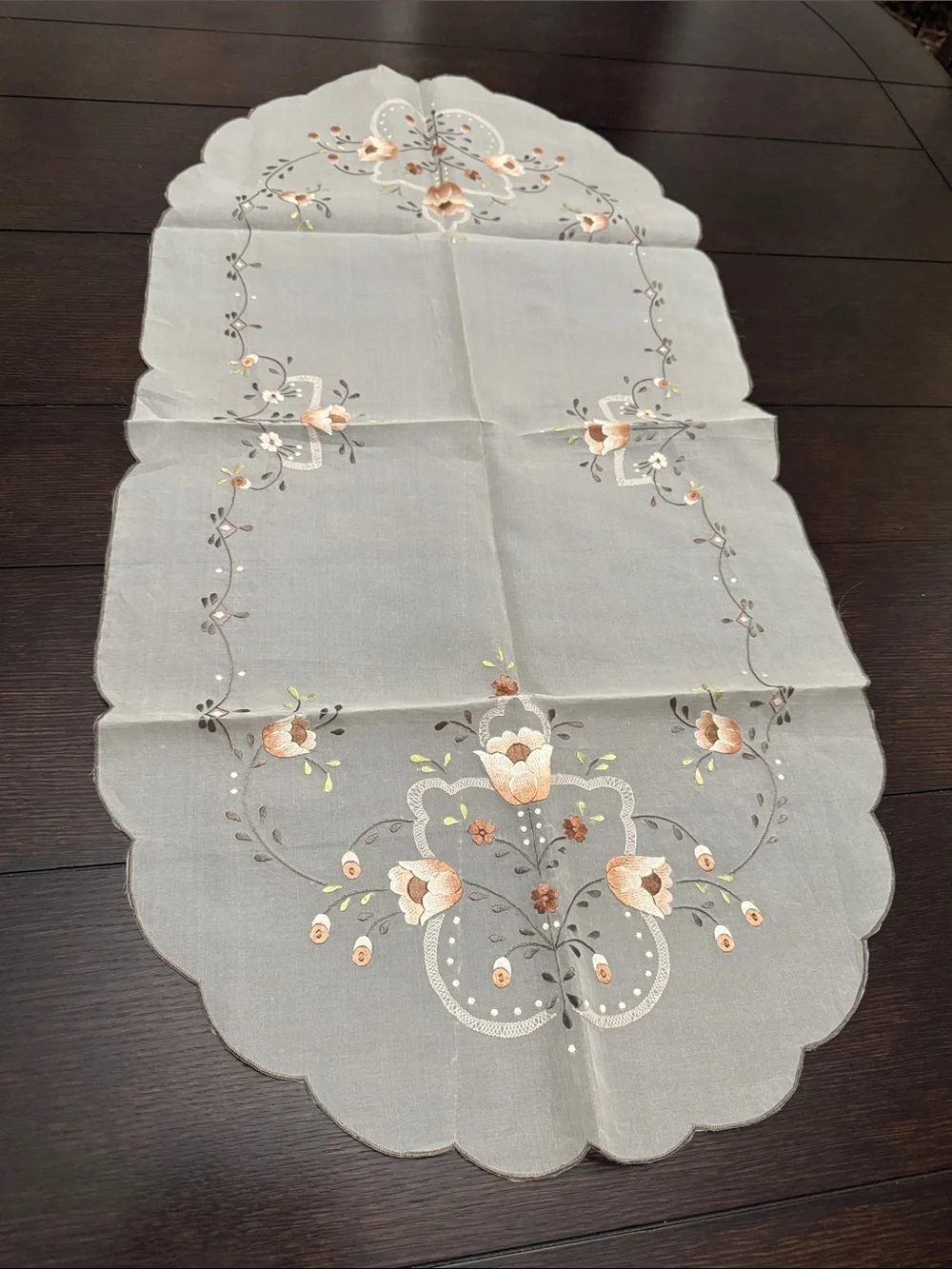 Beautiful Embroidered Floral sheer Table Runner in Beige and brown tones